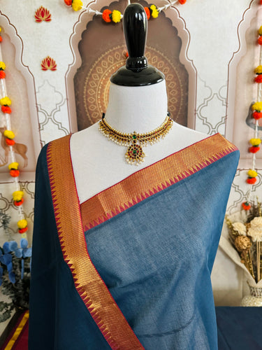 Handwoven Mangalgiri Cotton Saree | Blue | Gold Zari | Handwoven | Ships from California